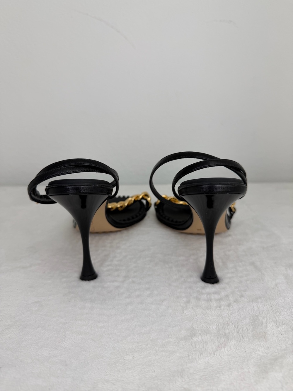 Bottega Veneta Black Ankle-Strap Sandals with Gold Chain - Picture 3 of 9